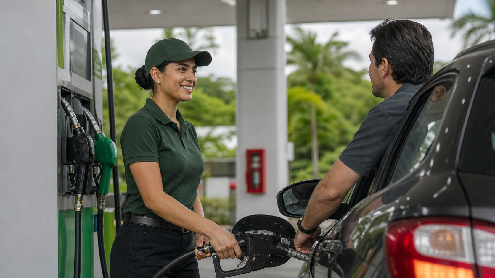 Personal de estación de servicio atendiendo abastecimiento de combustible